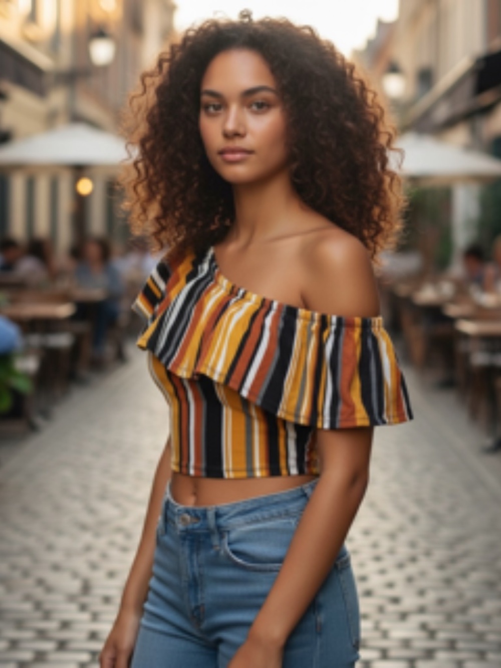Feathers Off-the-Shoulder Vertical Stripes Versatile Crop Top Size M